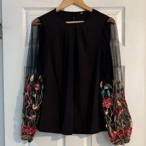 Embroidered Black Top with Floral Sleeves